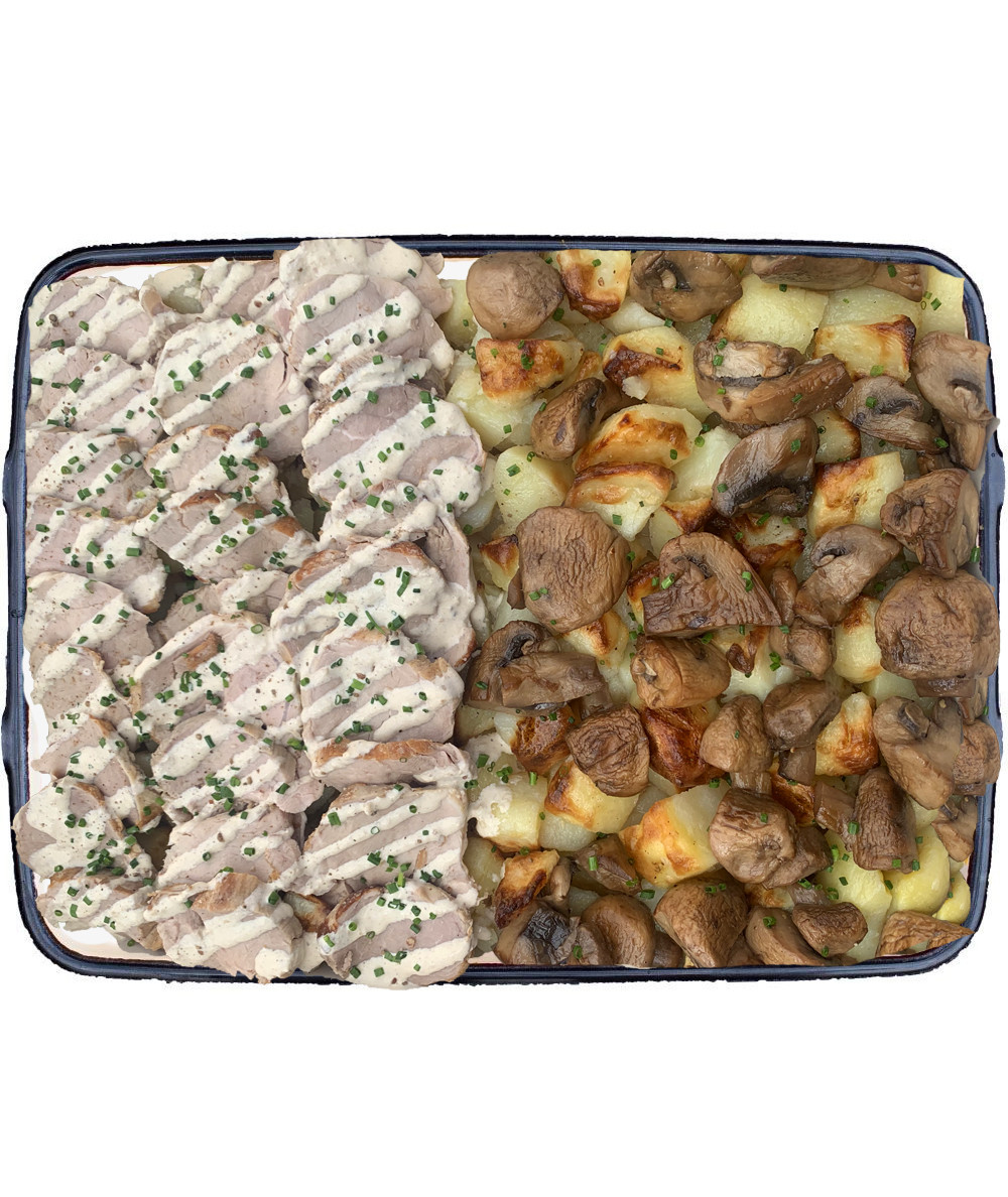 Pork loin with mushrooms and roasted potatoes