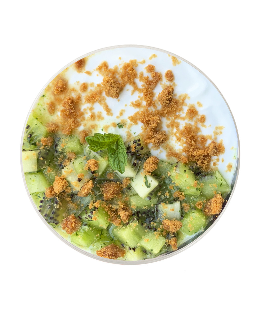 Iogurt amb crumble, kiwi i almívar de menta