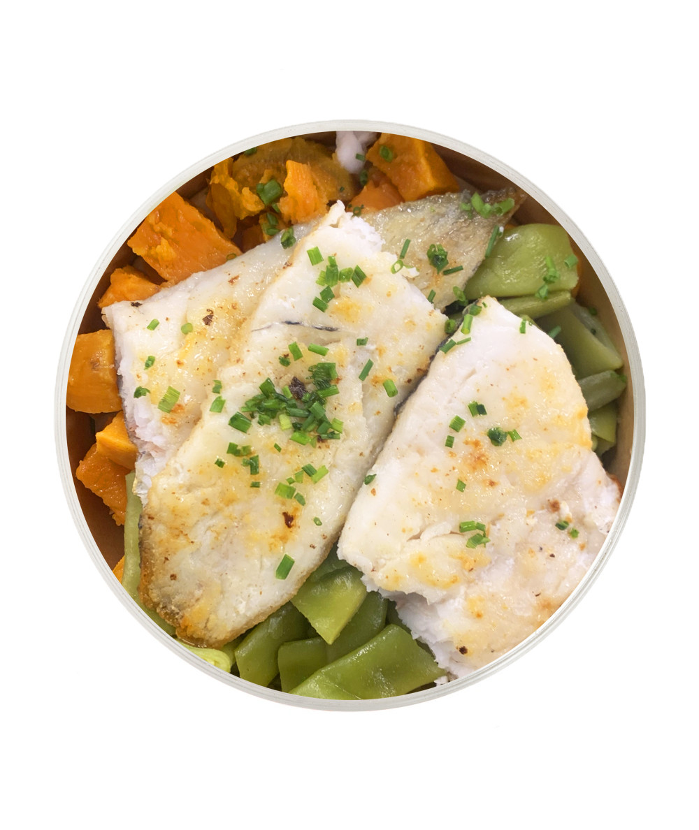 Baked Hake with green beans and sweet potato