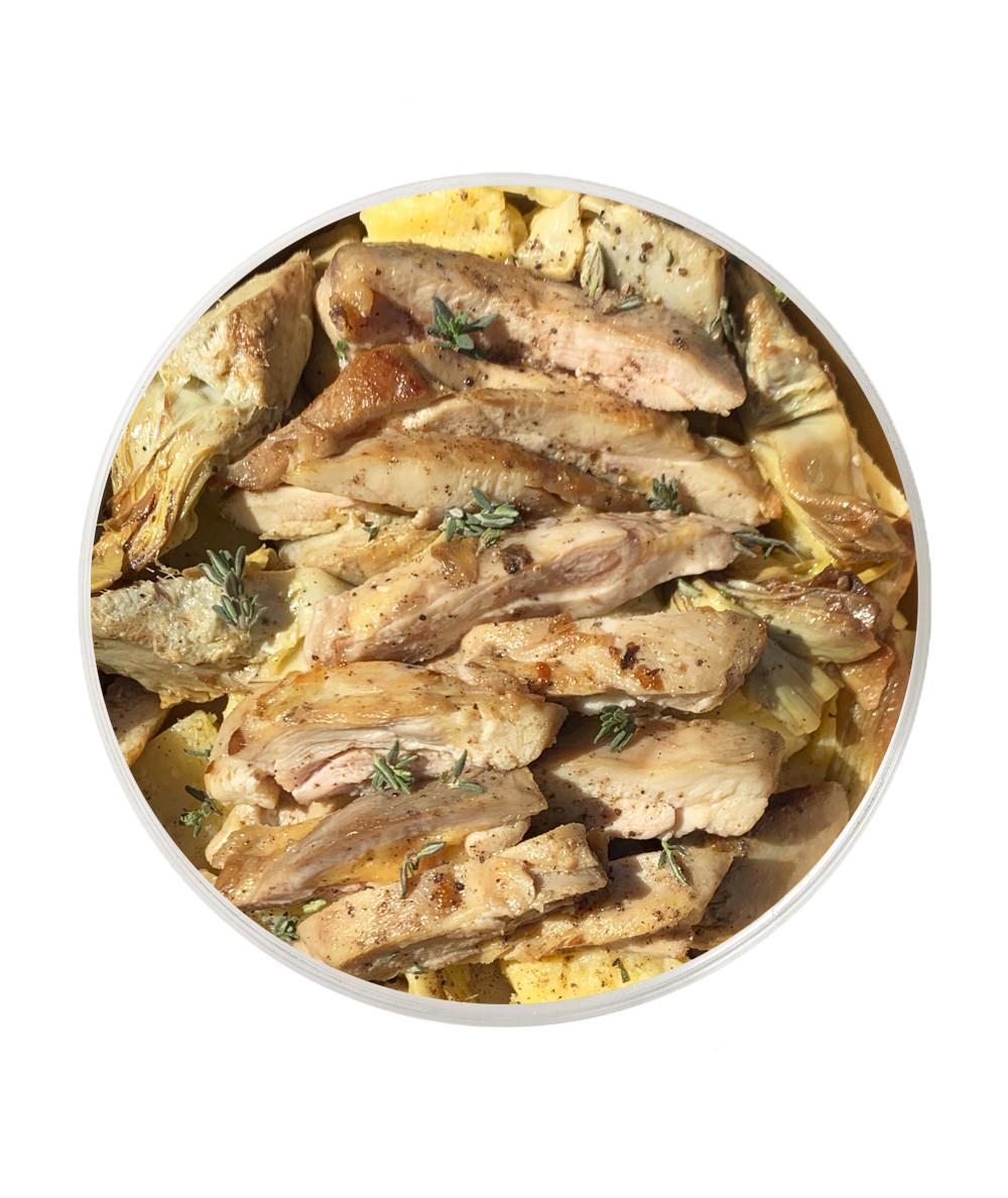 Chicken with artichokes and polenta cubes