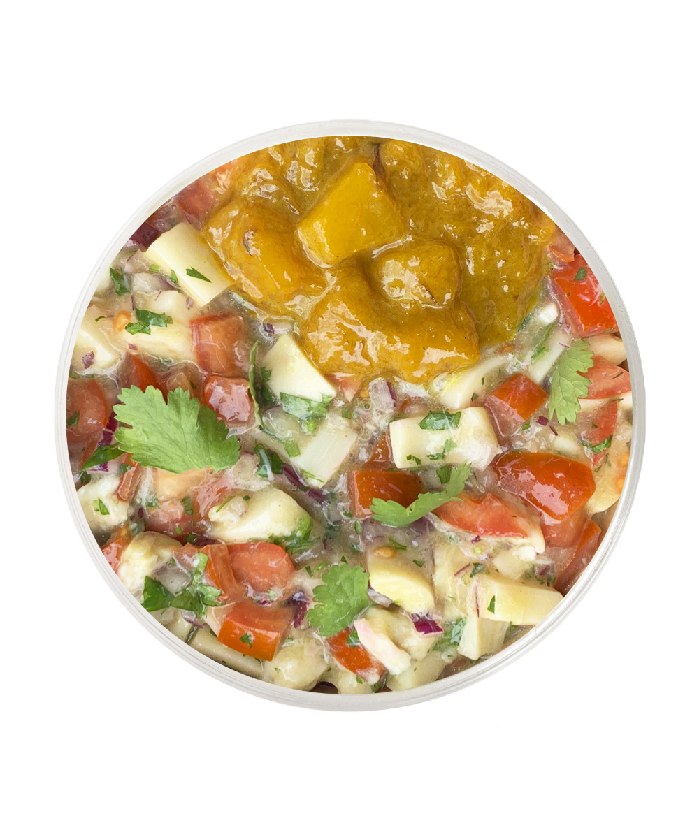 Ceviche vegà amb cor de palmera, tomàquet i chutney de mango