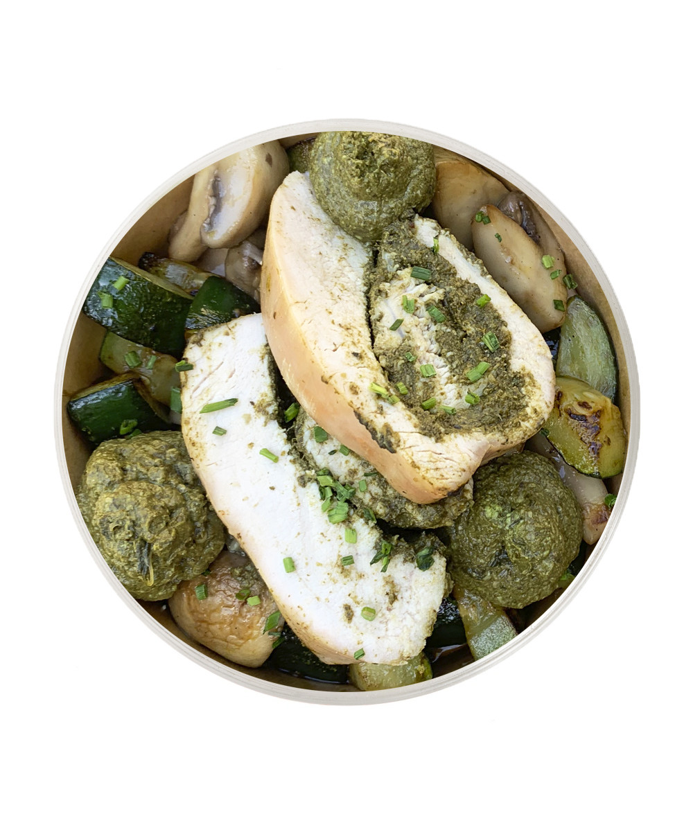 Turkey stuffed with Pesto, Spinach and Mushrooms