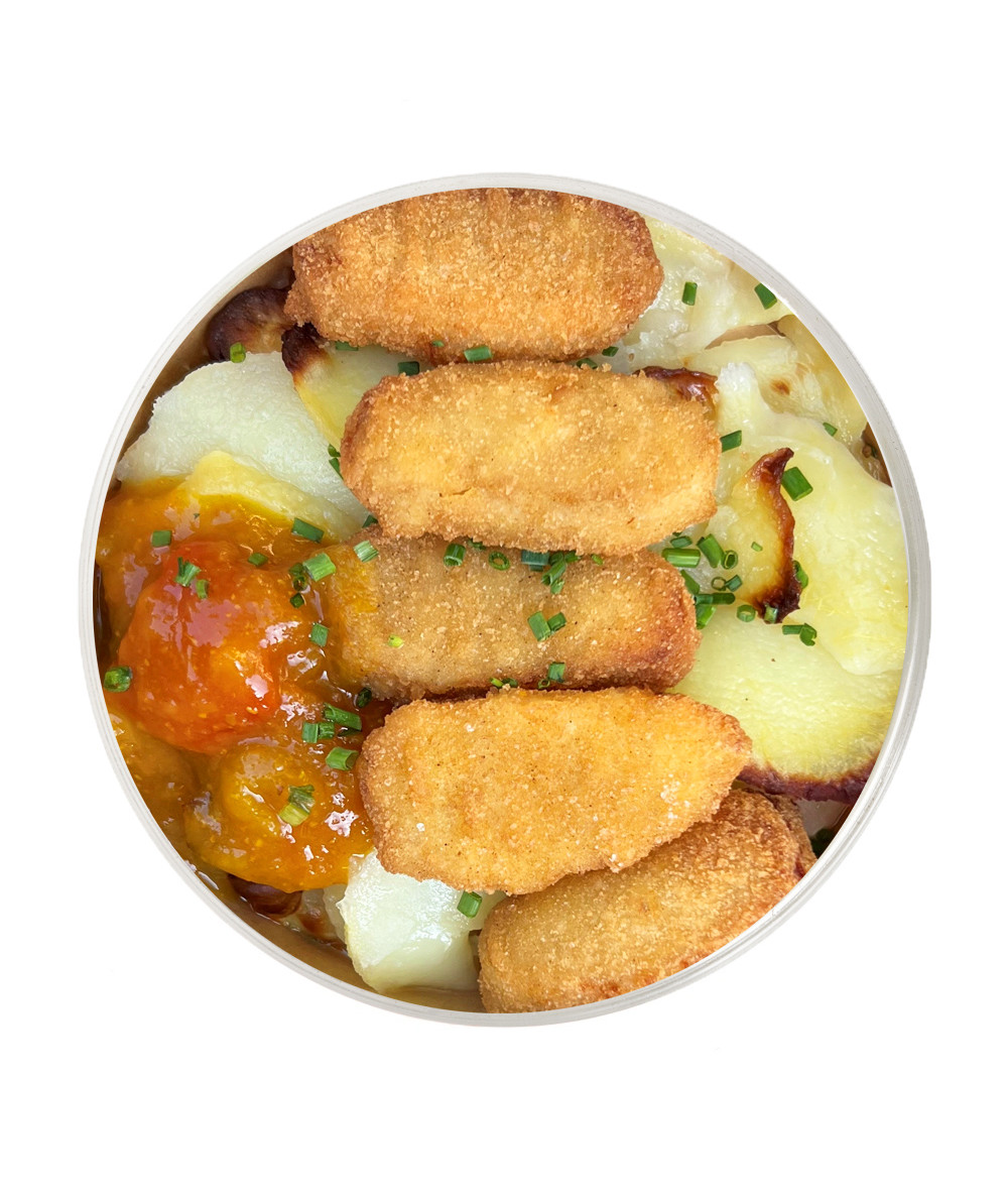 Nuggets de Heura con Patatas y Chutney de Tomate y Mango