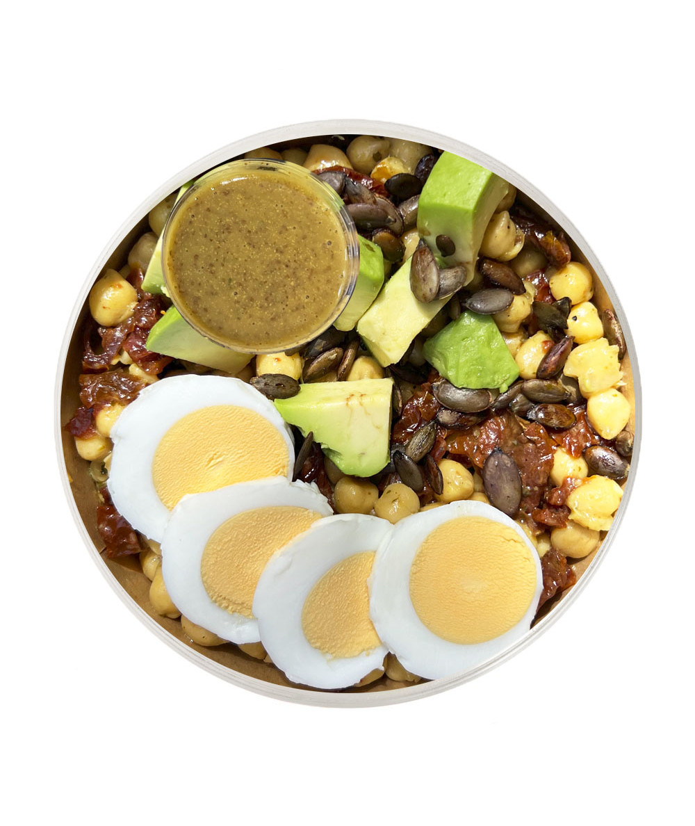 Cold Chickpea, Hard-Boiled Egg, Avocado & Sun-Dried Tomato Salad