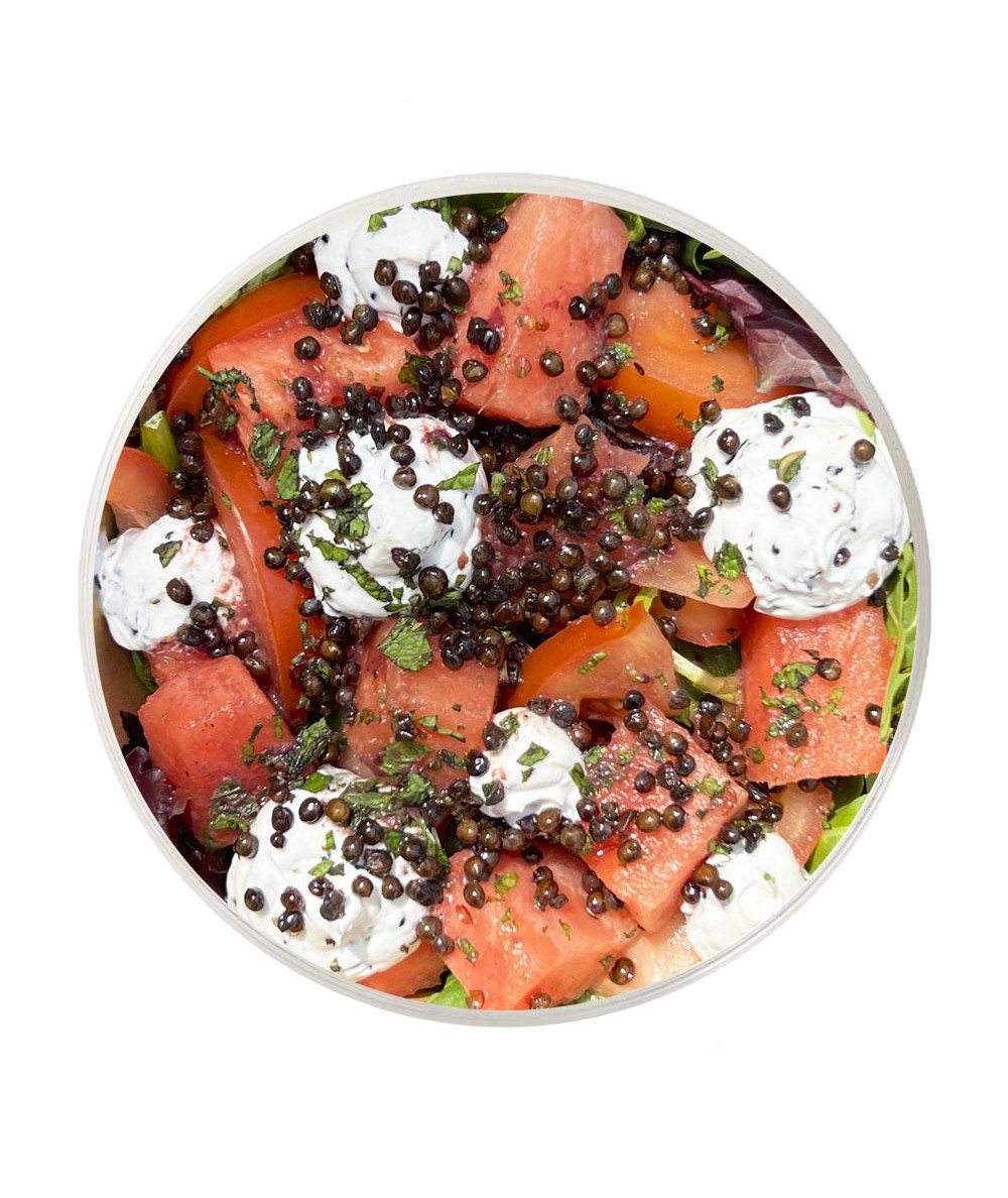 Tomato, Watermelon, Labneh & Crispy Lentil Salad