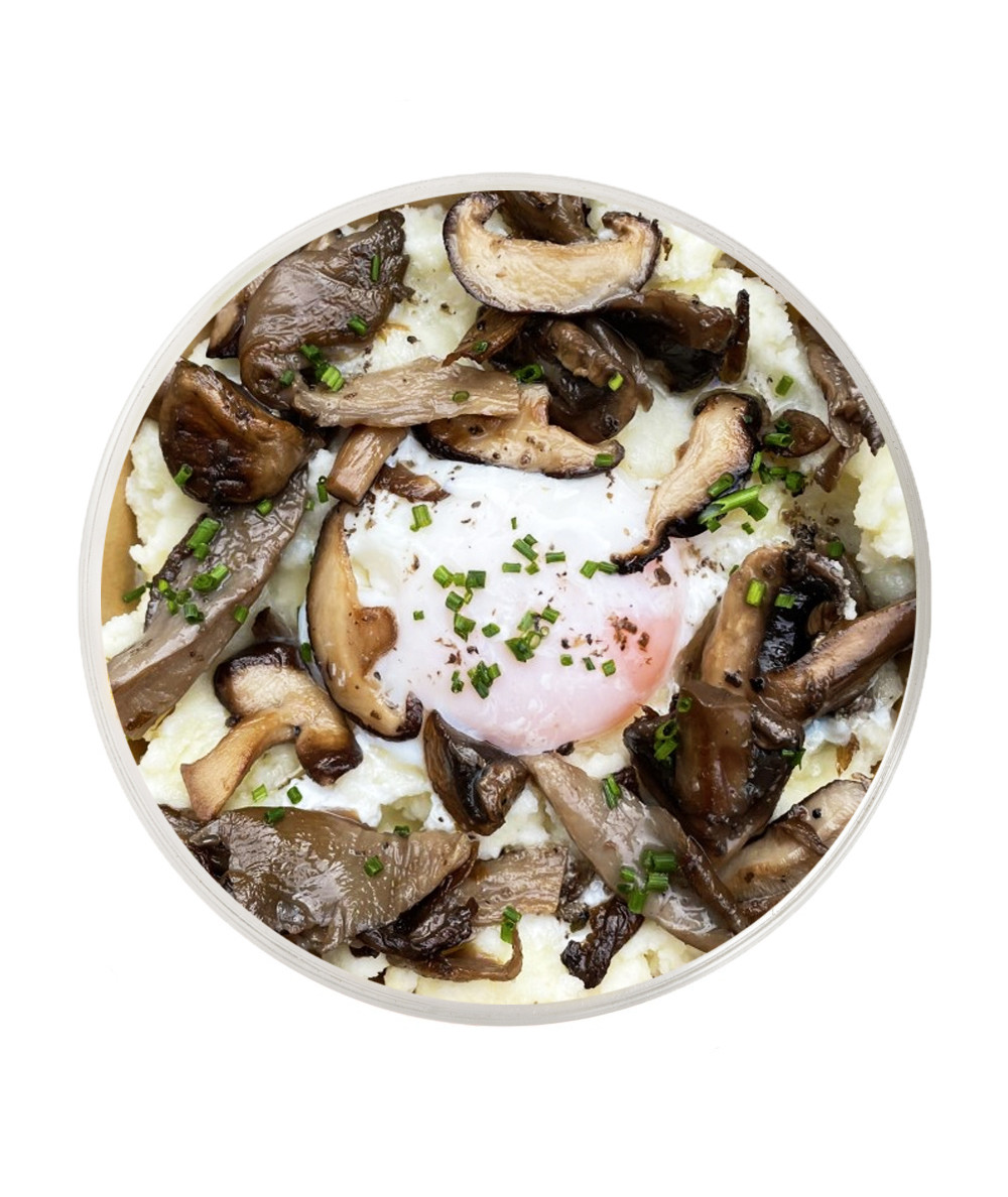 Truffled parmentier with poached egg adn mushrooms