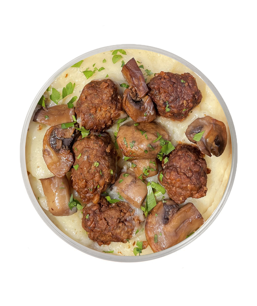 Heura Meatballs with Mushrooms and Puree