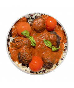 Albondigas de heura con tomate y arroz salteado
