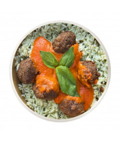 Albondigas de heura con tomate y arroz salteado