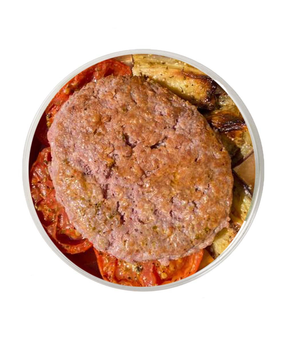 Beef Burger with aubergine & tomato