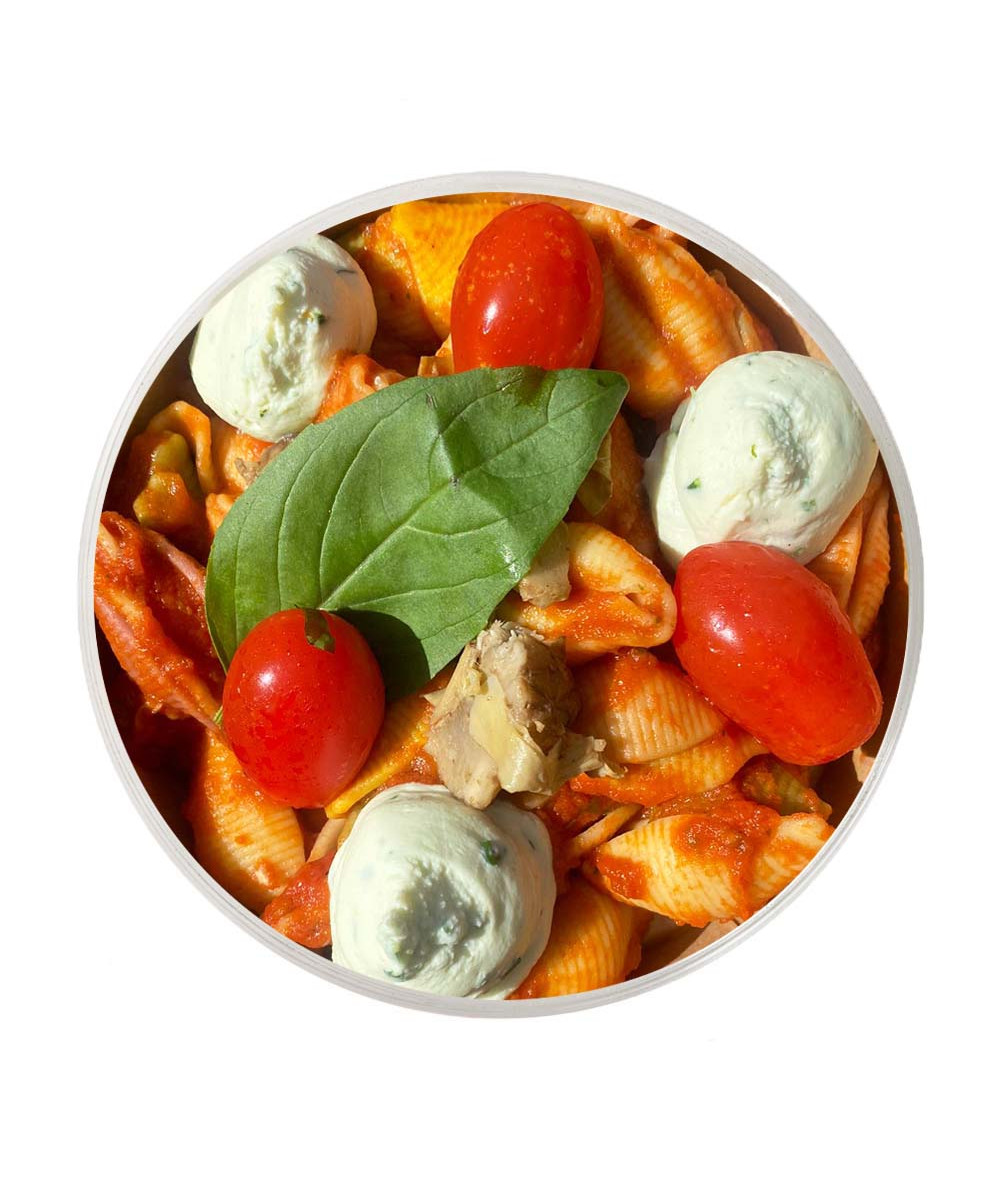 Conchiglioni with Tomato Sauce, Artichokes & Cherries