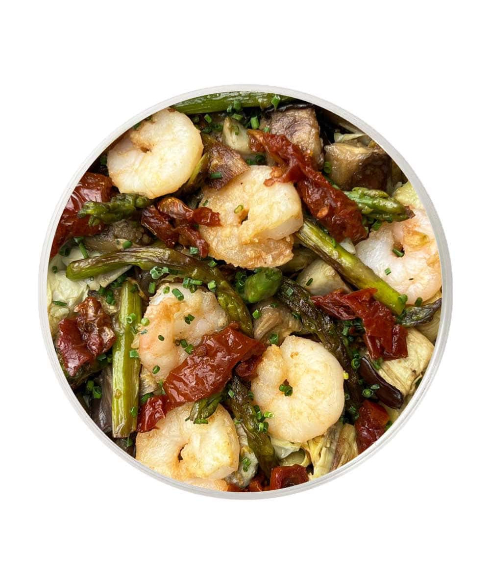 Sautéed Asparagus, Shrimp, Artichokes, Eggplant & Sun-Dried Tomatoes