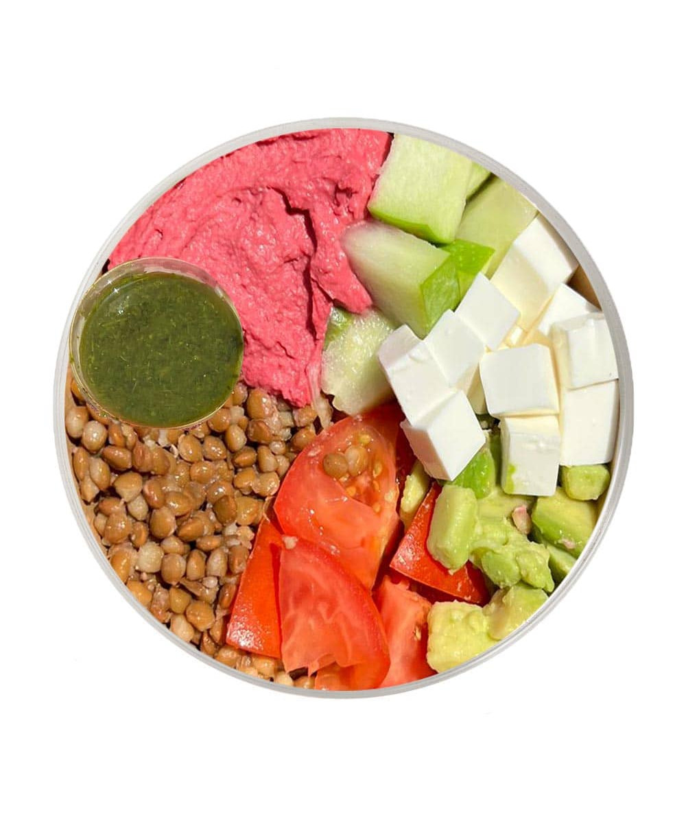 Lentil, Avocado, Tomato, Apple, Fresh Cheese & Beet Hummus Salad