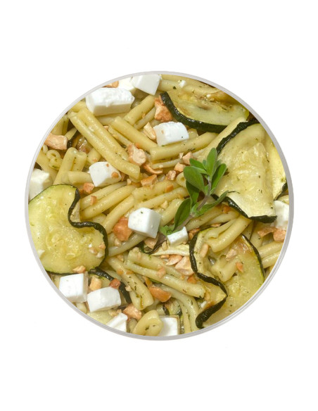Vegan Casarecce with Sautéed Zucchini, Vegan Feta Cheese & Lemon