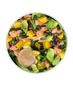 Amanida d’Espinacs, Alvocat, Mango i Salmó Fumat