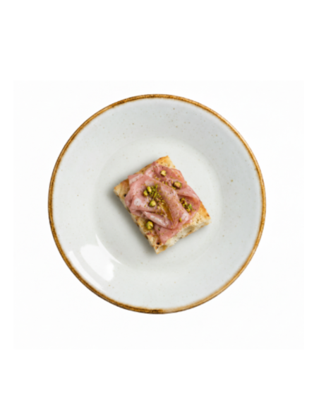 Piece of Focaccia Mortadella, Burrata and Pistachio