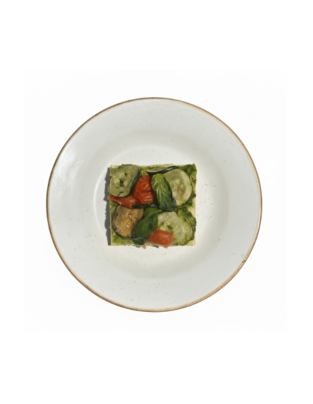Troç de Focaccia de Pesto Vegà, Carbassó i Tomàquet Cherry